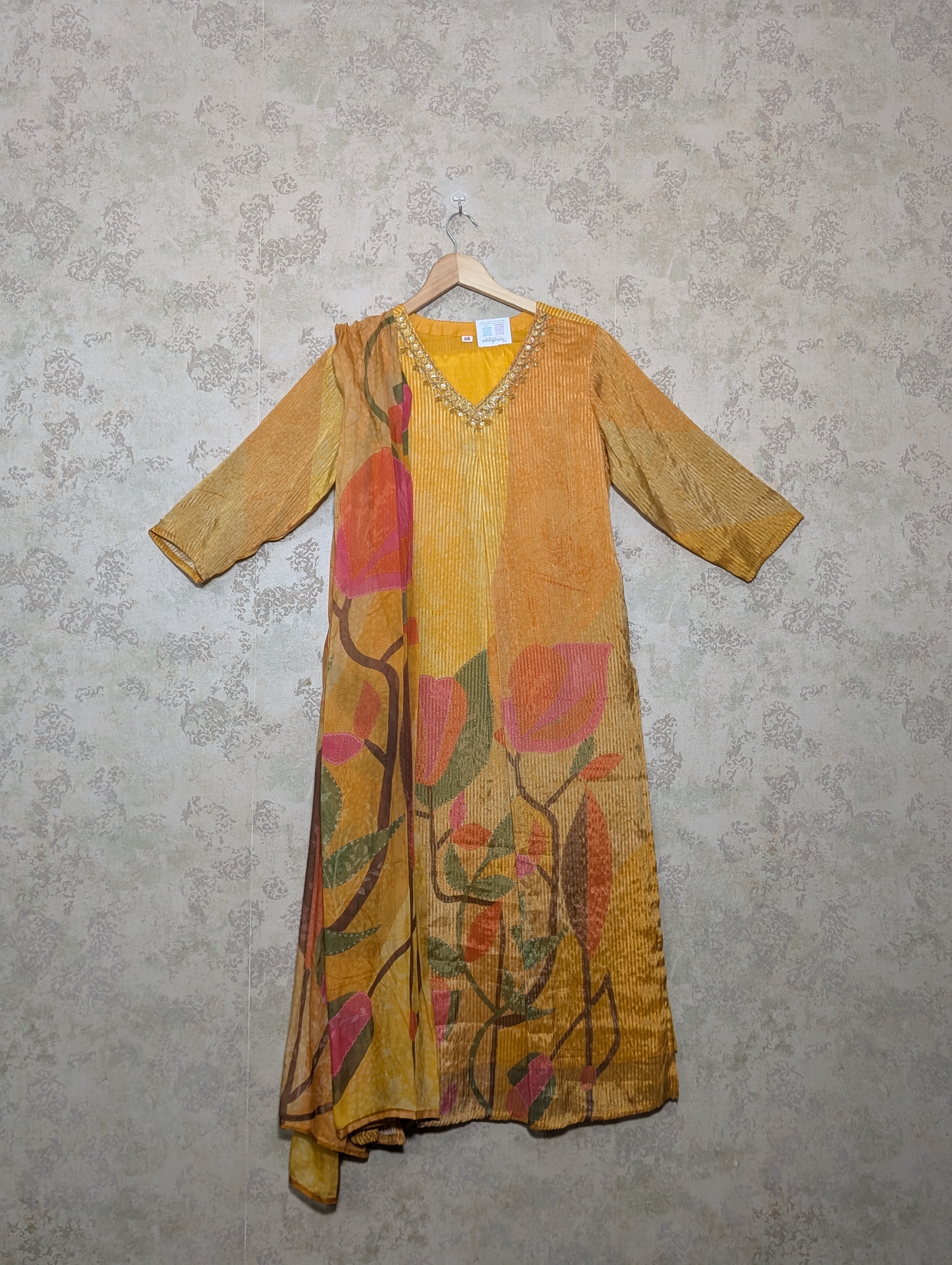 Golden yellow crushed organza kurta set with floral applique work - Image 1