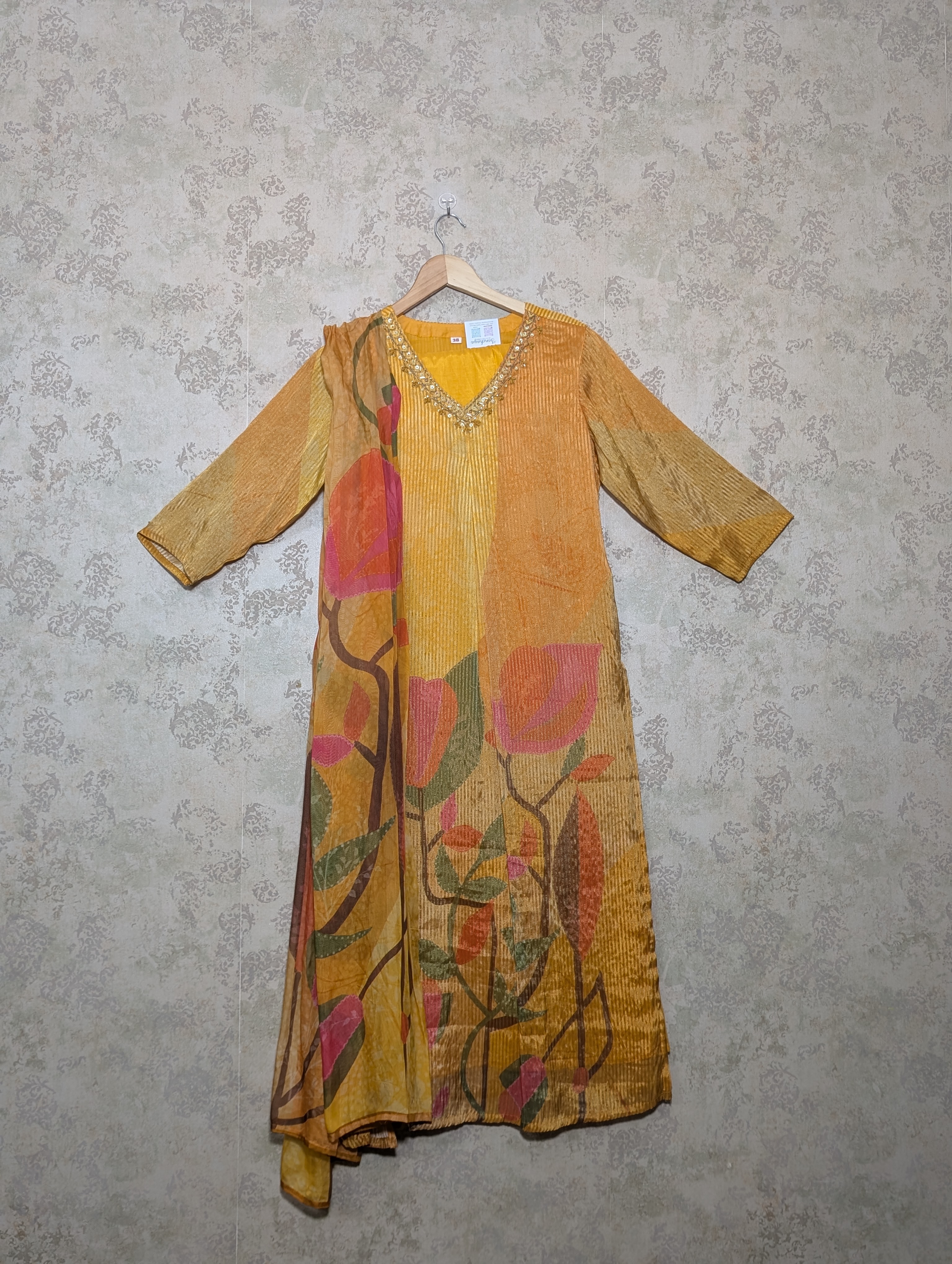 Golden yellow crushed organza kurta set with floral applique work - Image 2