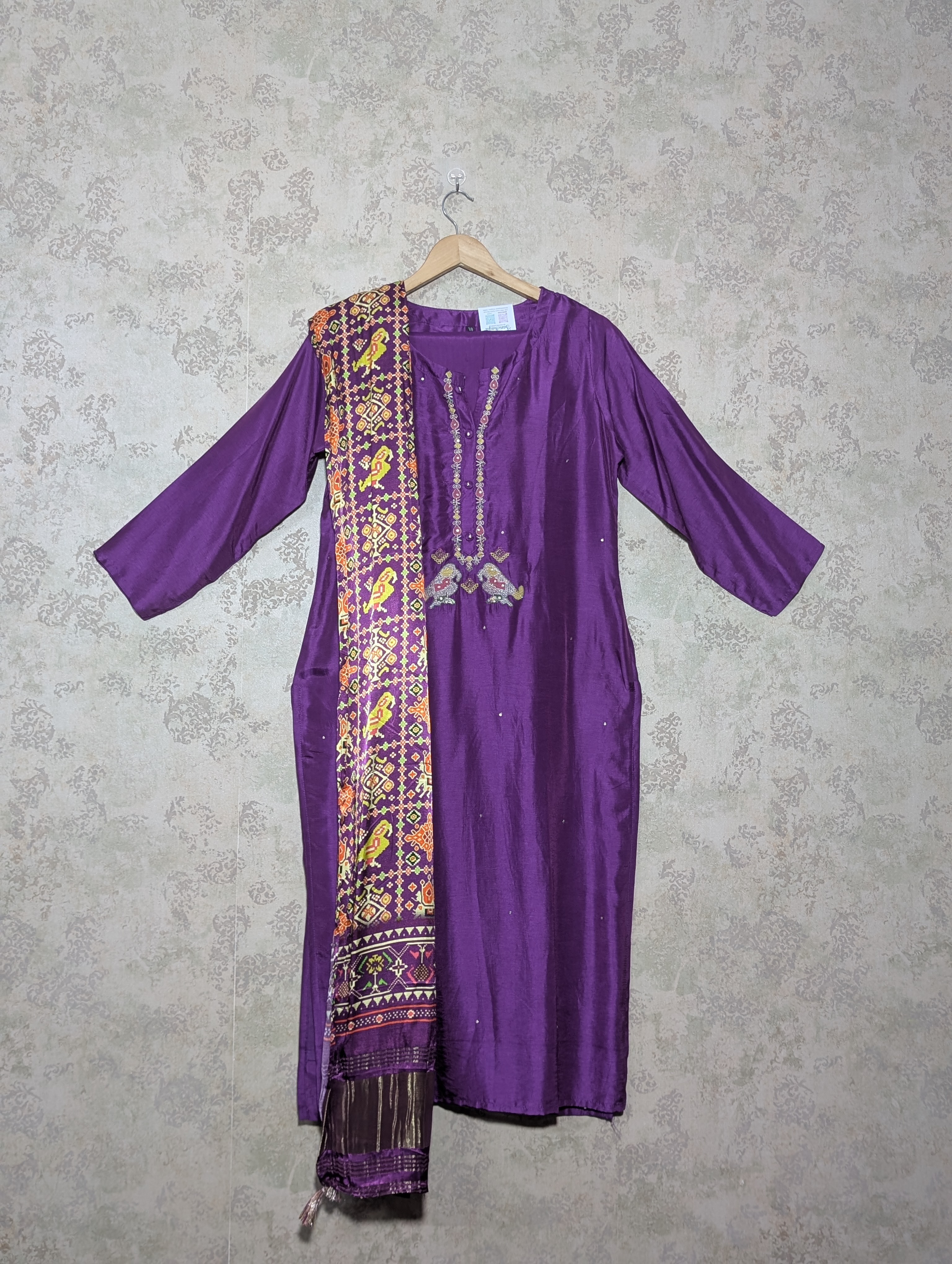 Purple Raw Silk Kurta Set with Patola Print Gaji Silk Dupatta - Image 1