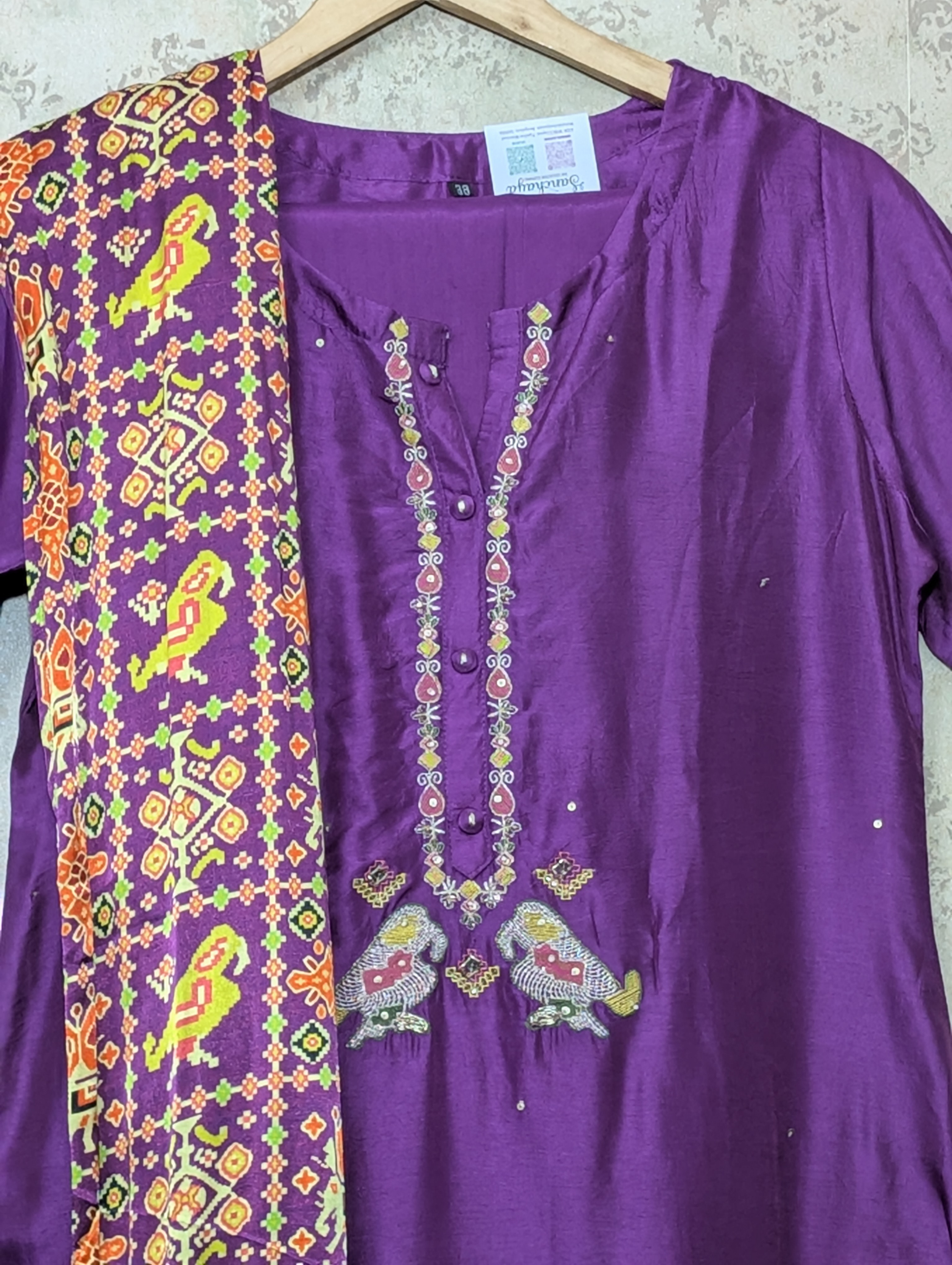 Purple Raw Silk Kurta Set with Patola Print Gaji Silk Dupatta - Image 2