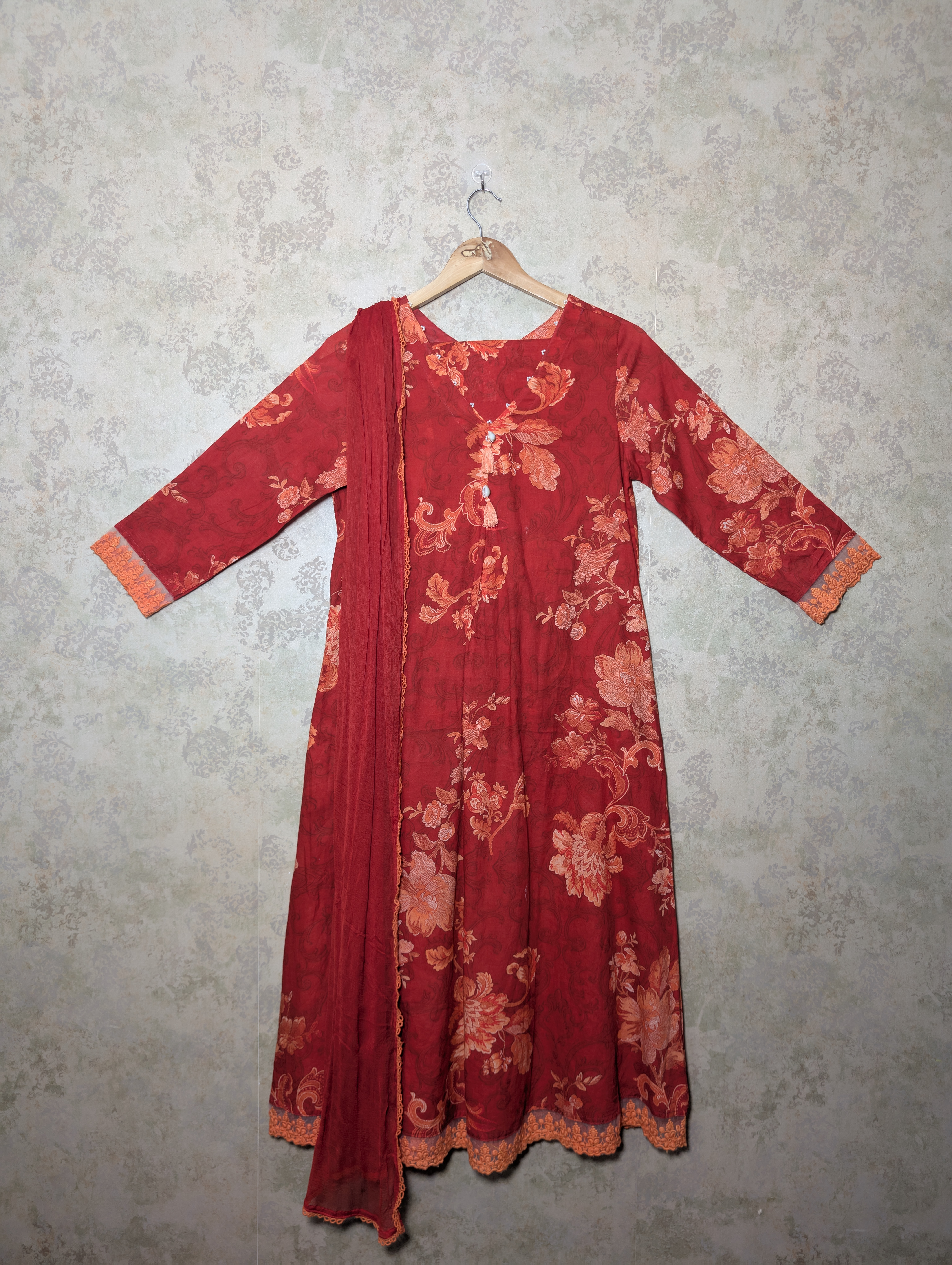 Red Floral Cotton Kurta Set with Lace Detailing - Image 2