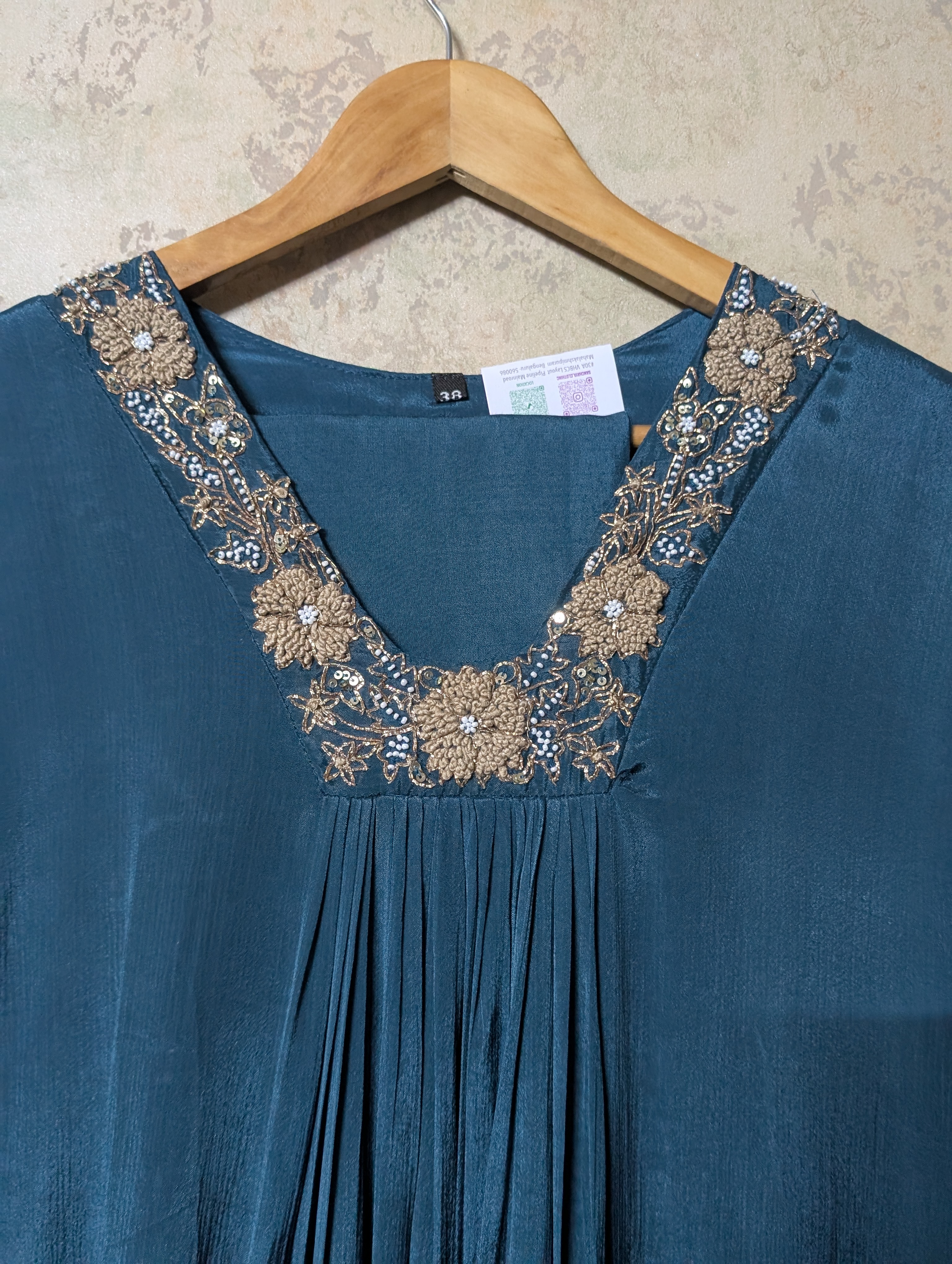 Teal blue chinnon kurta set with embroidered neckline and dupatta - Image 2